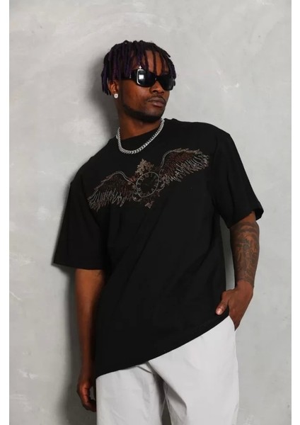 Unisex Oversize Taşlı Bisiklet Yaka T-Shirt - Siyah fiyatları