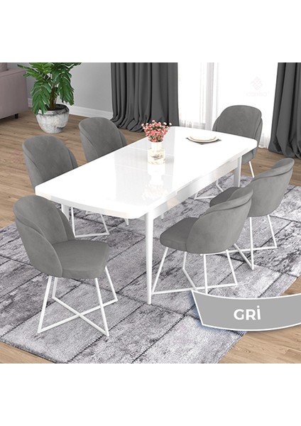 Oga Serisi 80X132 Açılabilir Beyaz Mutfak Masası Takımı ve 6 Gri Sandalye Gri fiyatları