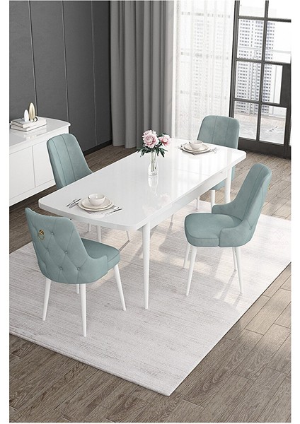 Noa Serisi, 80X132 Mdf Açılabilir Beyaz Masa Takımı, 4 Sandalye Gold Halkalı Su Yeşili fiyatları