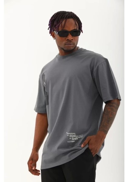 Unisex Oversize Baskılı Bisiklet Yaka T-Shirt - Füme fiyatları