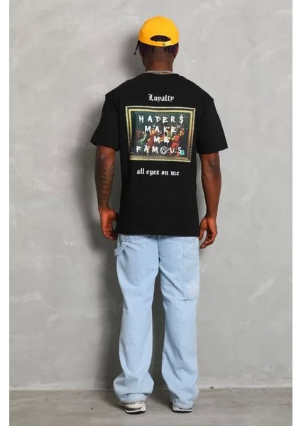 Unisex Oversize Baskılı Bisiklet Yaka T-Shirt - Siyah fırsatları