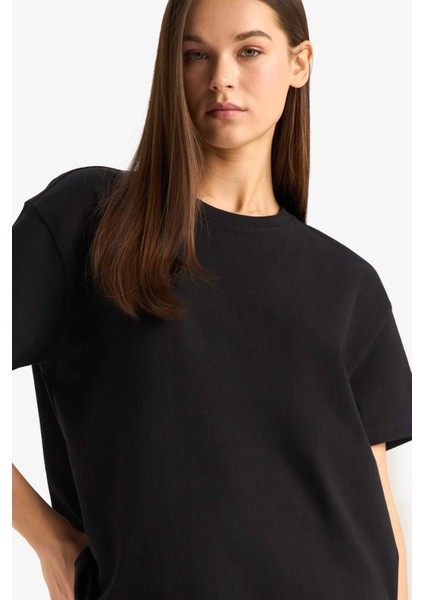 Oversize Geniş Kalıp Bisiklet Yaka Basic Düz Siyah Kısa Kollu Tişört E4935AX25AU