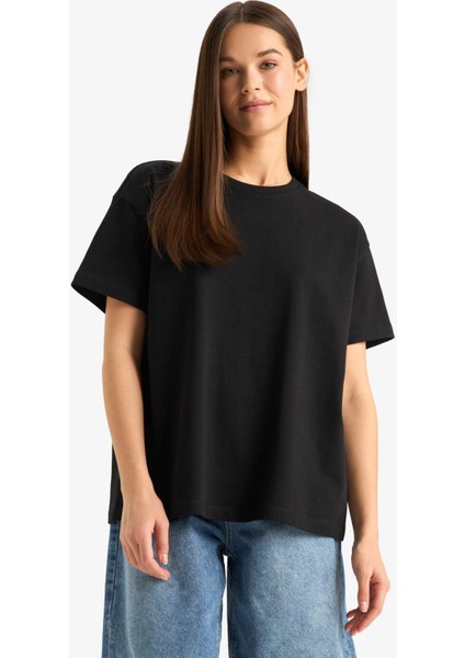 Oversize Geniş Kalıp Bisiklet Yaka Basic Düz Siyah Kısa Kollu Tişört E4935AX25AU modelleri