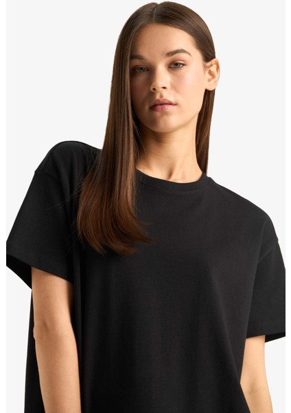 Oversize Geniş Kalıp Bisiklet Yaka Basic Düz Siyah Kısa Kollu Tişört E4935AX25AU fırsatları