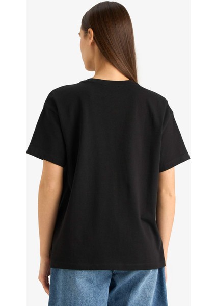 Oversize Geniş Kalıp Bisiklet Yaka Basic Düz Siyah Kısa Kollu Tişört E4935AX25AU
