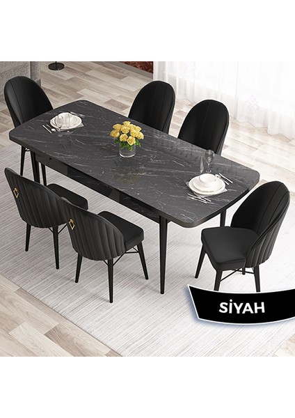 Elf Serisi 80X132 Açılabilir Siyah Mermer Desen Masa Takımı ve 6 Siyah Sandalye Siyah fiyatları