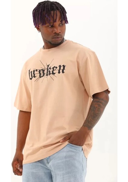 Unisex Oversize Baskılı Bisiklet Yaka T-Shirt - Bej
