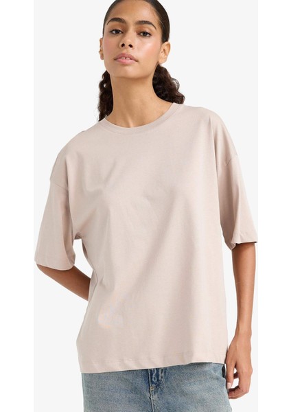 Oversize Geniş Kalıp Bisiklet Yaka Basic Düz Penye Kısa Kollu Tişört C0099AX25AU