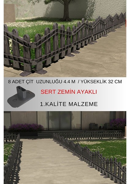 Dekoratif Plastik Alan Oluşturma ve Bahçe Çiti 8 Adet Çit (Y: 32 cm / G: 4.4 M) Sert Zemin Ayaklı - Antrasit Gri
