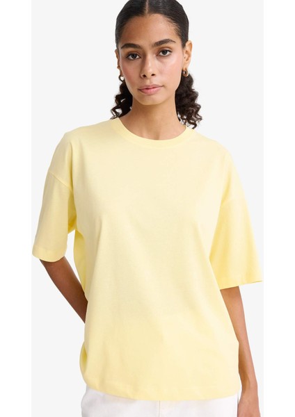 Oversize Geniş Kalıp Bisiklet Yaka Basic Düz Penye Kısa Kollu Tişört C0099AX25AU