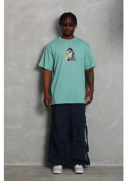 Unisex Oversize Baskılı Bisiklet Yaka T-Shirt - Mint Yeşili modelleri