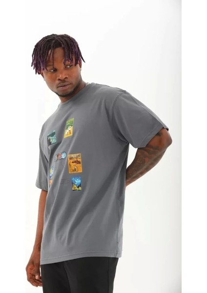 Unisex Oversize Baskılı Bisiklet Yaka T-Shirt - Füme