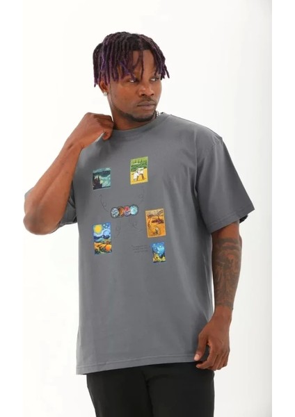 Unisex Oversize Baskılı Bisiklet Yaka T-Shirt - Füme fiyatları