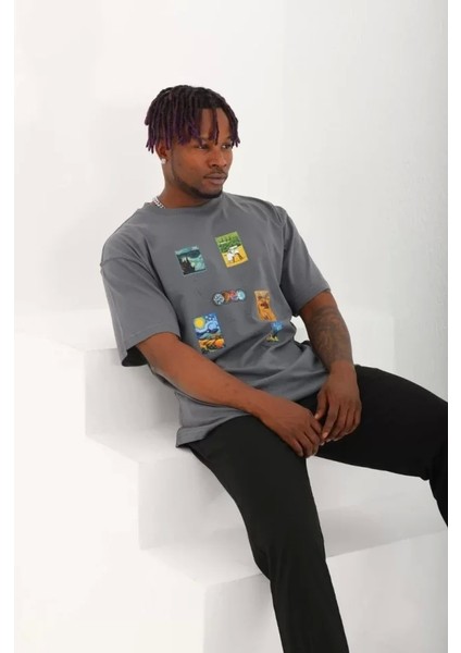 Unisex Oversize Baskılı Bisiklet Yaka T-Shirt - Füme modelleri