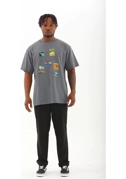 Unisex Oversize Baskılı Bisiklet Yaka T-Shirt - Füme fırsatları