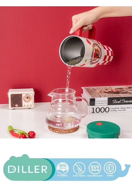 Diller 1200ML Yeni Koleksiyon Sevimli Hayvanlar Tumbler Pipetli/pipetsiz Kulplu Paslanmaz Çelik Termos Kırmızı fiyatları