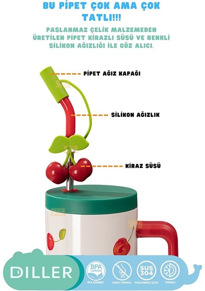 Diller 1200ML Yeni Koleksiyon Sevimli Hayvanlar Tumbler Pipetli/pipetsiz Kulplu Paslanmaz Çelik Termos Kırmızı modelleri