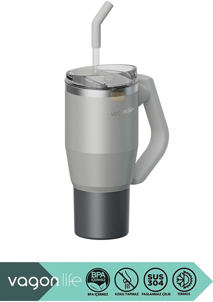 Tumbler 950ML Yeni Koleksiyon Pipetli/pipetsiz Kullanım Fonksiyonel Kulplu Paslanmaz Çelik Termos Gri