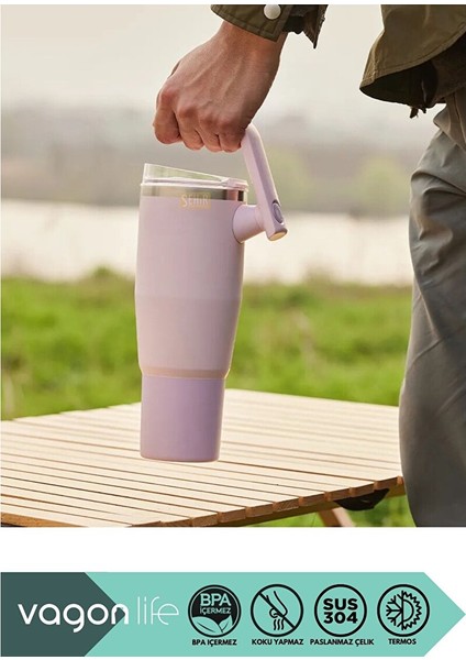 Tumbler 950ML Yeni Koleksiyon Pipetli/pipetsiz Kullanım Fonksiyonel Kulplu Paslanmaz Çelik Termos Gri indirimleri