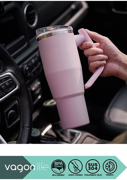 Tumbler 950ML Yeni Koleksiyon Pipetli/pipetsiz Kullanım Fonksiyonel Kulplu Paslanmaz Çelik Termos Gri