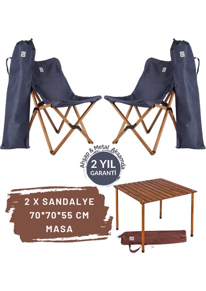 Ahşap Katlanır Masa Sandalye Seti Kahverengi Iskelet Lacivert Kılıf, 70X70X55 Masa