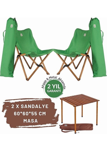 Ahşap Katlanır Masa Sandalye Seti Kahverengi Iskelet Yeşil Kılıf -60X60X55 Masa