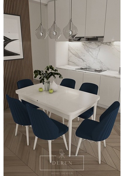 Mabel Serisi, 80X132 Mutfak ve Salon Yemek Masası Takımı 6 Adet Lacivert Sandalye