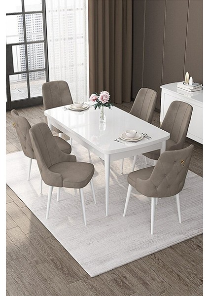 Nex Serisi, 80X132 Mdf Açılabilir Beyaz Masa Takımı, 6 Sandalye Gold Halkalı Cappucino