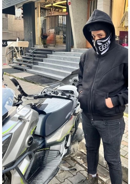 Samuray Kapşonlu Zıp Fermuarlı Çift Kapşonlu Nakışlı Sweatshirt- Siyah