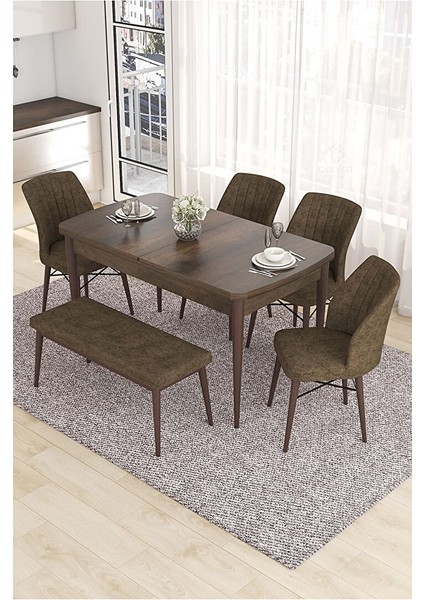 Eva Serisi, 80X132 Açılabilir Mdf Barok Ahşap Desen Mutfak Masası ve 4 Sandalye 1 Bench Kahverengi