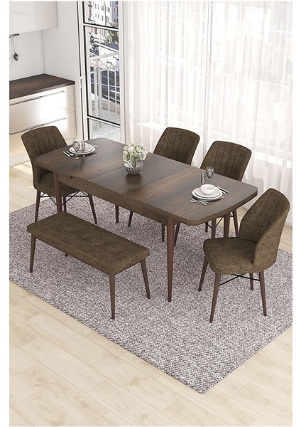 Eva Serisi, 80X132 Açılabilir Mdf Barok Ahşap Desen Mutfak Masası ve 4 Sandalye 1 Bench Kahverengi fiyatları