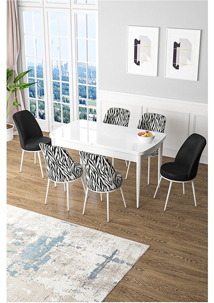 Zen Serisi Beyaz Masa Mdf 80X132 Açılabilir Mutfak Masası Takımı, 2 Siyah 4 Zebra Desen Sandalye
