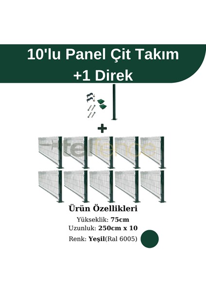 75X250 cm 10'lu Panel Çit Takım Çift Telli + 1 Direk Avantaj Paketi 25 Metre Yeşil