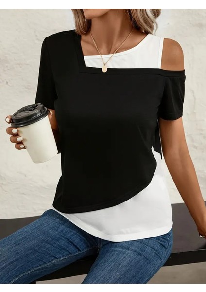 Kadın Kısa Kollu Geometrik Kesin Detaylı Çift Renkli Viskon Bluz fırsatları