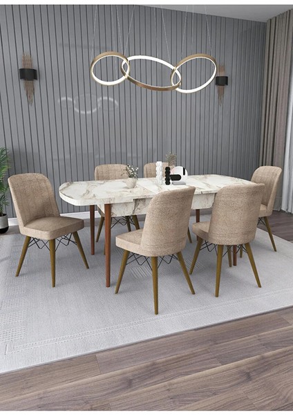 Yemek Masası Masa Sandalye Takımı Salon Masası Açılabilir 6 Kişilik (Efes-Krem Sandalye)