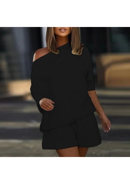 Kadın Kayık Yaka Oversize Asimetrik Bluz ve Şort Iki Iplik Takım