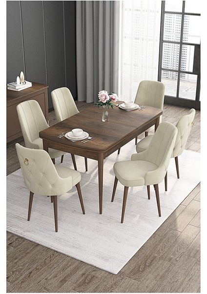 Noa Serisi, Mdf 80X132 Açılabilir Barok Ahşap Desen Mutfak Masa Takımı, 6 Sandalye Gold Halkalı Krem