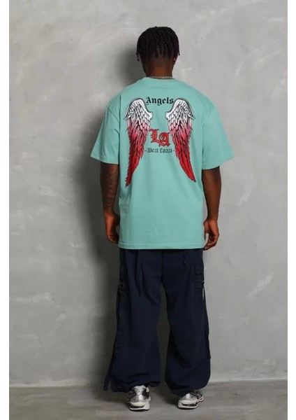 Unisex Oversize Baskılı Bisiklet Yaka T-Shirt - Mint Yeşili