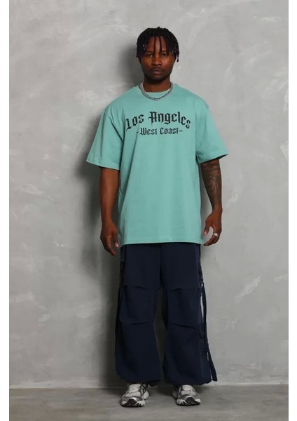 Unisex Oversize Baskılı Bisiklet Yaka T-Shirt - Mint Yeşili fiyatları