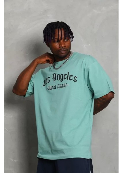 Unisex Oversize Baskılı Bisiklet Yaka T-Shirt - Mint Yeşili fırsatları
