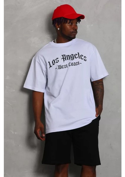 Unisex Oversize Baskılı Bisiklet Yaka T-Shirt - Beyaz fırsatları