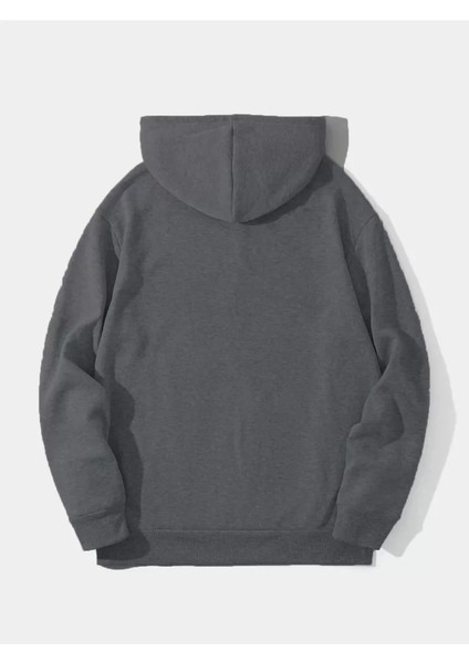 Erkek Düz Kapüşonlu Sweat - Füme