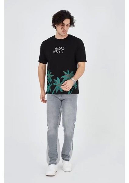 Erkek Baskılı Bisiklet Yaka T-Shirt - Siyah