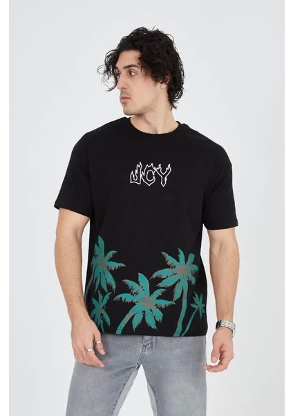 Erkek Baskılı Bisiklet Yaka T-Shirt - Siyah fırsatları