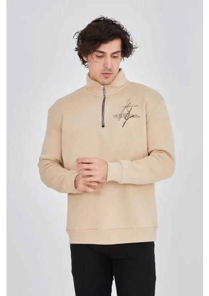 Erkek Yarım Fermuarlı Baskılı Sweat - Bej fırsatları