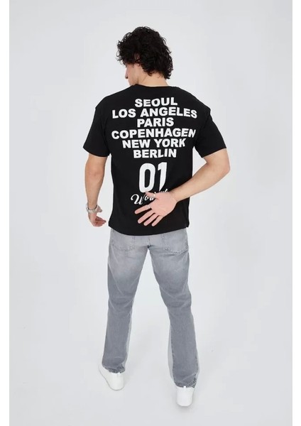 Erkek Bisiklet Yakalı Baskılı T-Shirt - Siyah
