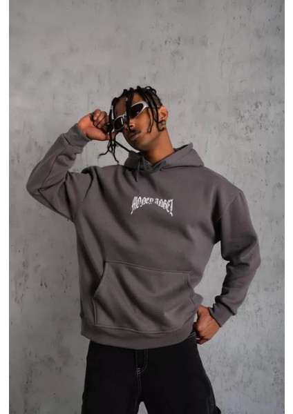 Erkek Kordon Ipli Baskılı Kapüşonlu Sweatshirt - Füme