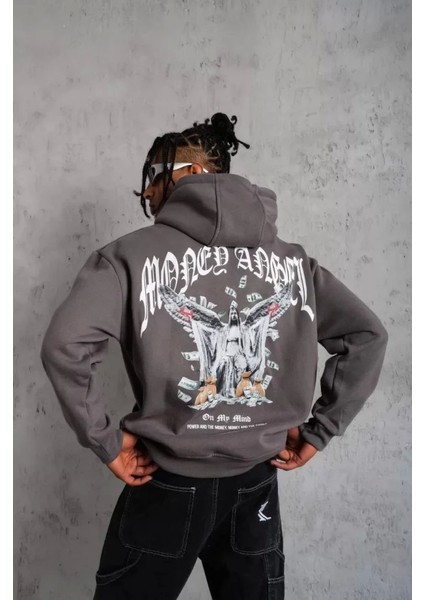 Erkek Kordon Ipli Baskılı Kapüşonlu Sweatshirt - Füme fiyatları