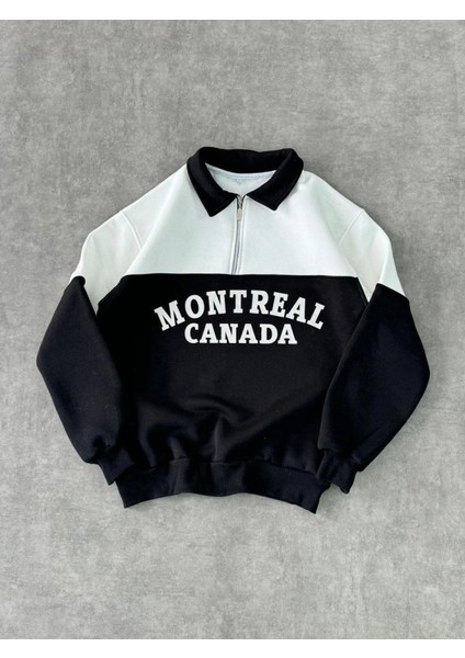 Yarım Fermuarlı Parçalı Yakalı Sweatshirt - Siyah