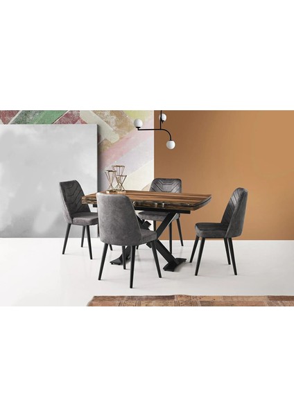 Açılır Kütük Masa ve Merida Sandalye Takımı, Gri Siyah , 130X80